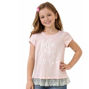 Monteau Graphic Tee Kids Medium Pink Follow Your Dreams Glitter Lace Trim Casual